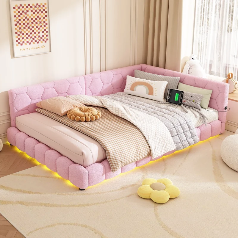 Divano letto 140x200 cm con rete a doghe; luci LED a 16 colori; USB e Tipo-C; rivestimento rosa