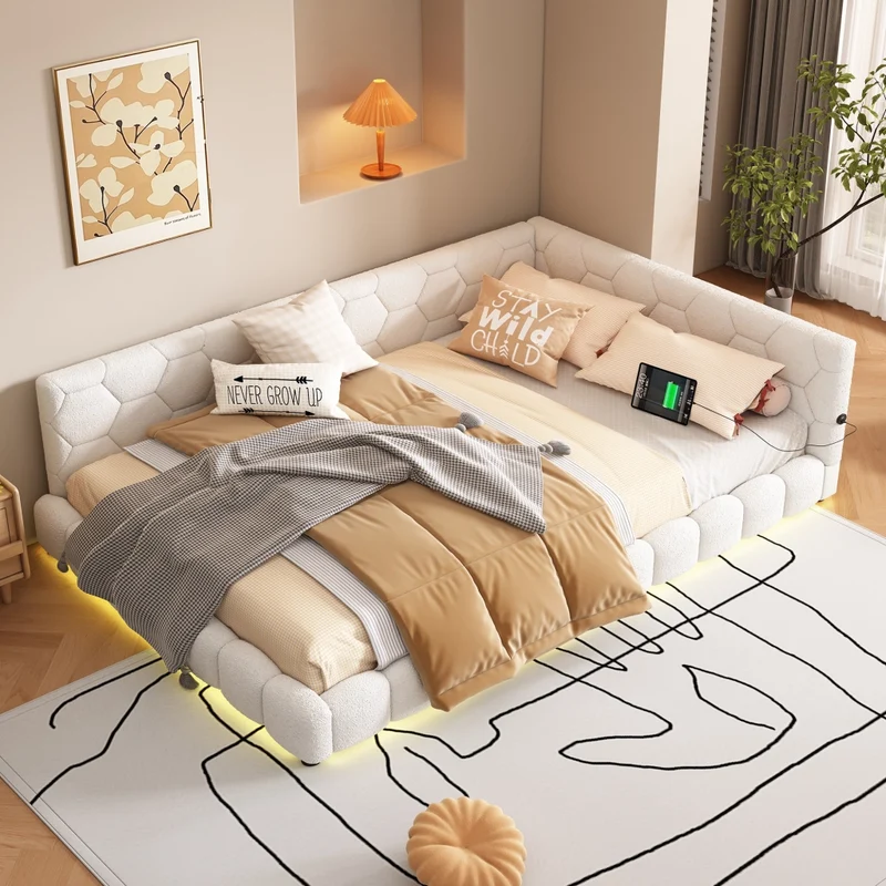 Divano letto 140x200 cm con rete a doghe; illuminazione LED a 16 colori; USB e Type-C; velluto bianco