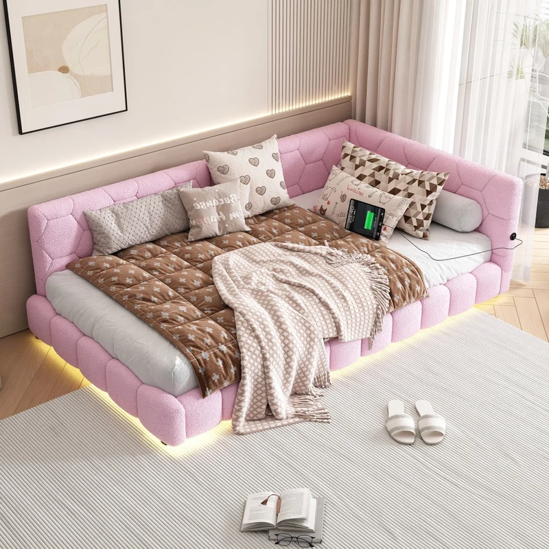 Divano letto singolo 90x200 cm in MDF con rivestimento morbido rosa; rete a doghe e luce LED