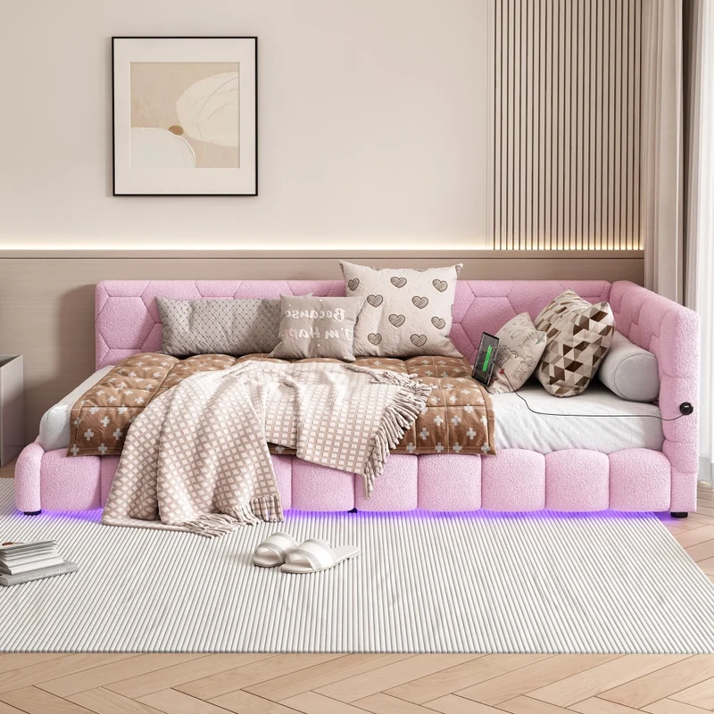 Divano letto singolo 90x200 cm in MDF con rivestimento morbido rosa; rete a doghe e luce LED