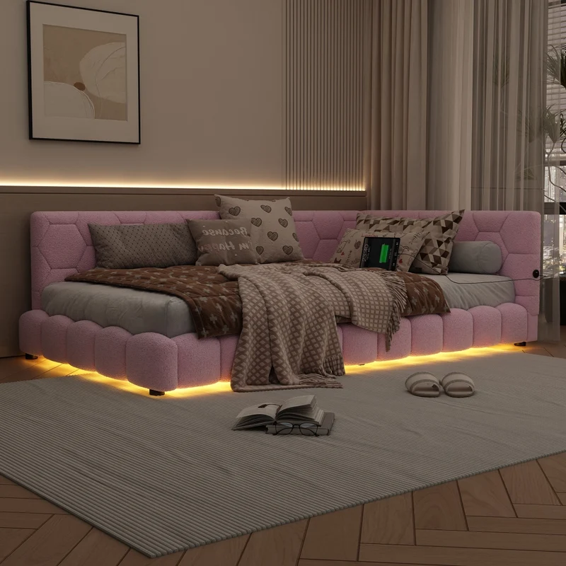 Divano letto singolo 90x200 cm in MDF con rivestimento morbido rosa; rete a doghe e luce LED