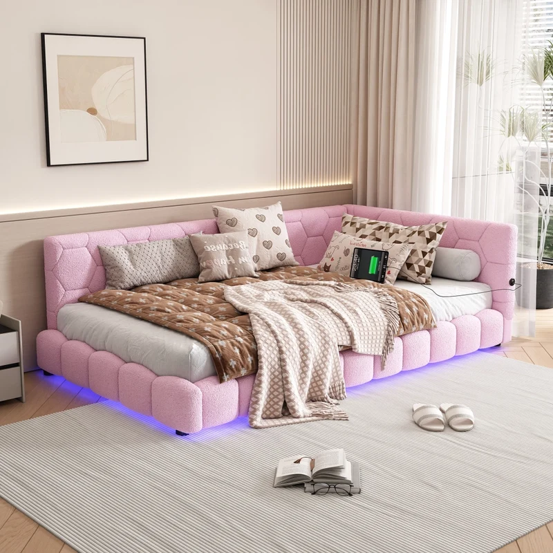 Divano letto singolo 90x200 cm in MDF con rivestimento morbido rosa; rete a doghe e luce LED
