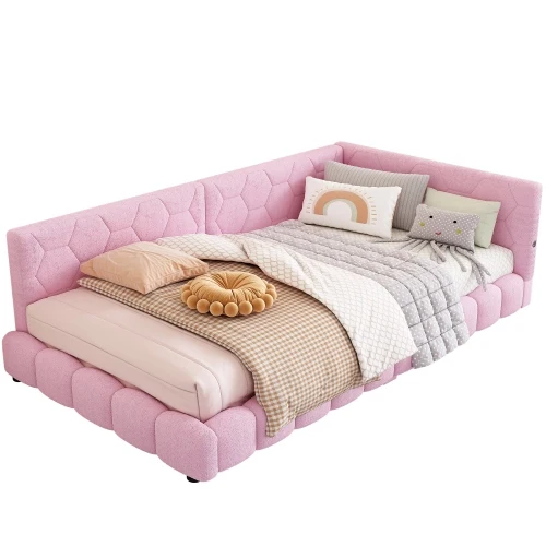 Divano letto singolo 90x200 cm in MDF con rivestimento morbido rosa; rete a doghe e luce LED