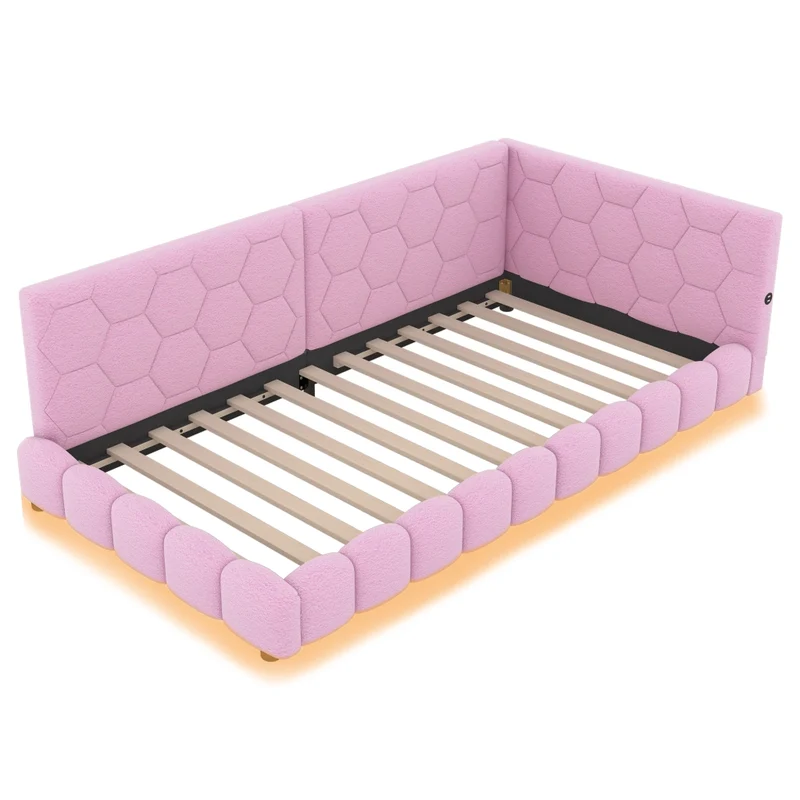 Divano letto singolo 90x200 cm in MDF con rivestimento morbido rosa; rete a doghe e luce LED