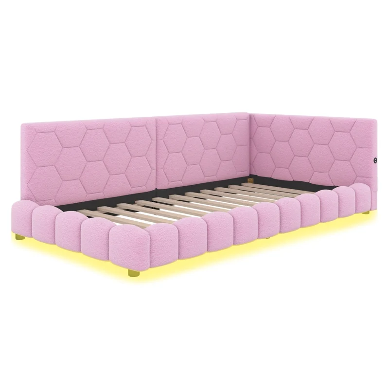 Divano letto singolo 90x200 cm in MDF con rivestimento morbido rosa; rete a doghe e luce LED