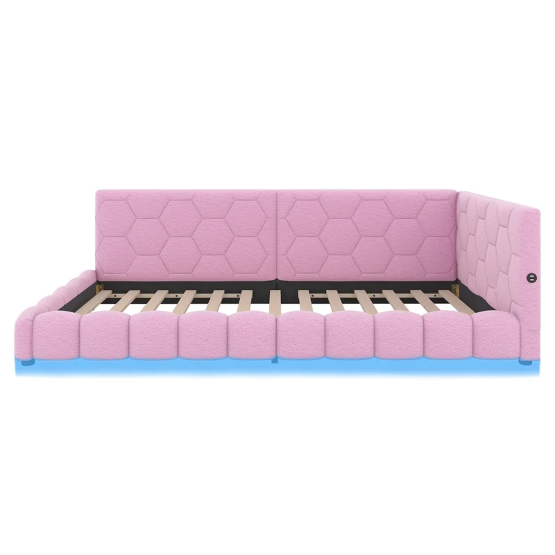 Divano letto singolo 90x200 cm in MDF con rivestimento morbido rosa; rete a doghe e luce LED