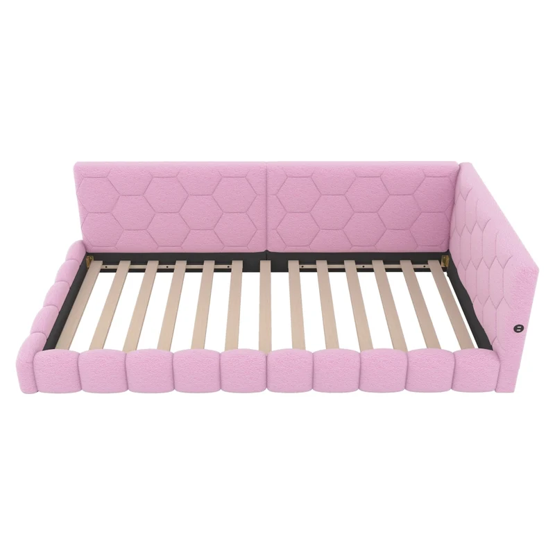 Divano letto singolo 90x200 cm in MDF con rivestimento morbido rosa; rete a doghe e luce LED