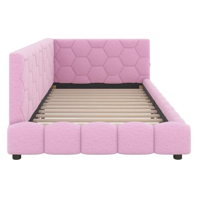 Divano letto singolo 90x200 cm in MDF con rivestimento morbido rosa; rete a doghe e luce LED