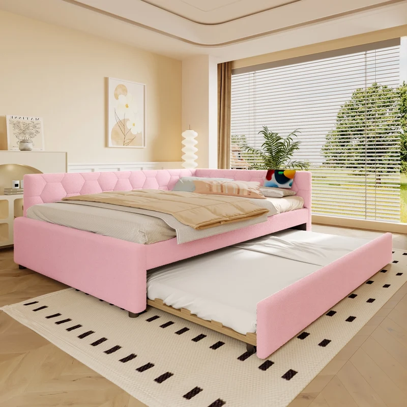 Letto per bambini 140x200 cm rosa con effetto velluto; divano letto con secondo letto estraibile