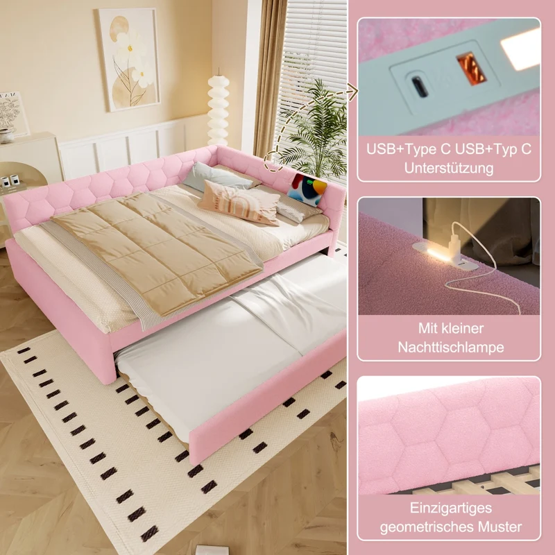 Letto per bambini 140x200 cm rosa con effetto velluto; divano letto con secondo letto estraibile