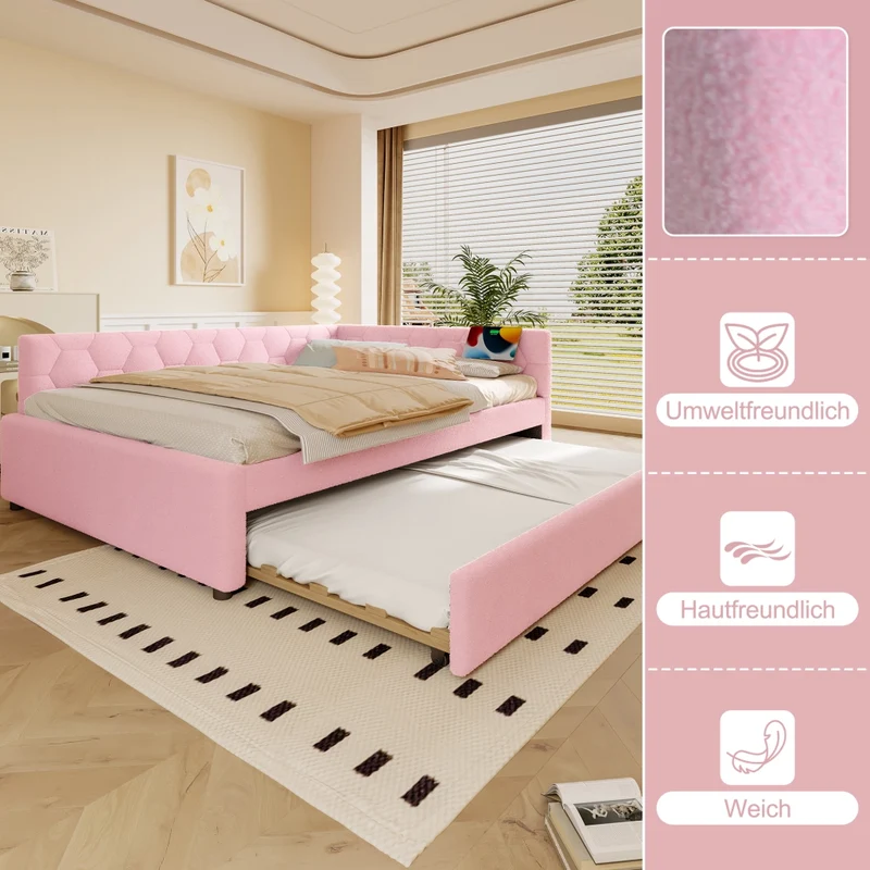 Letto per bambini 140x200 cm rosa con effetto velluto; divano letto con secondo letto estraibile