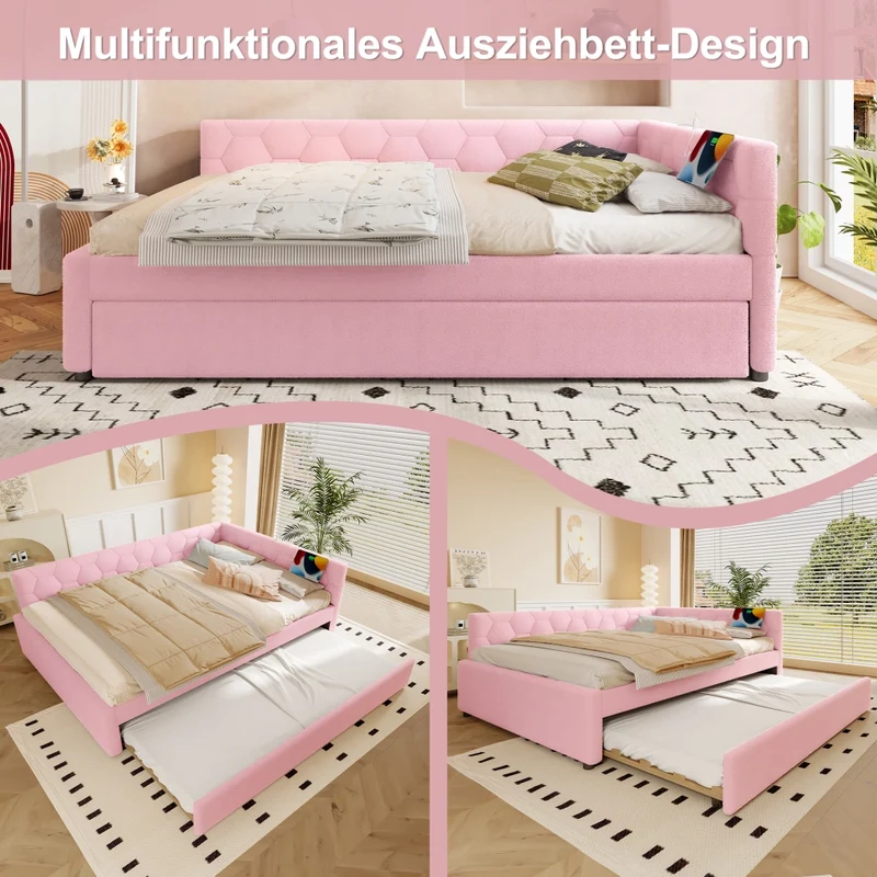 Letto per bambini 140x200 cm rosa con effetto velluto; divano letto con secondo letto estraibile