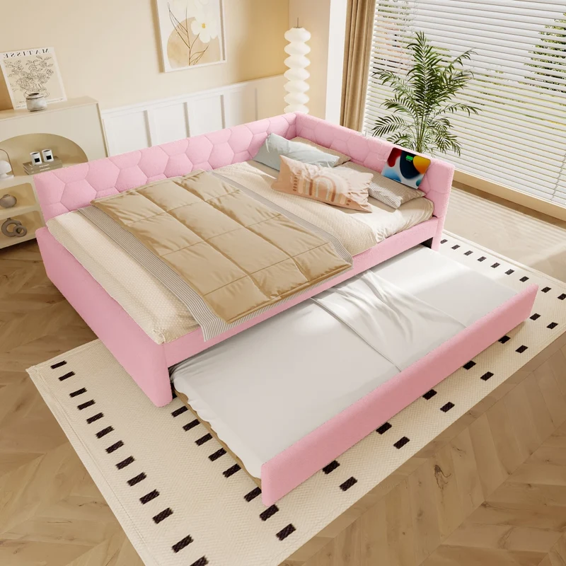 Letto per bambini 140x200 cm rosa con effetto velluto; divano letto con secondo letto estraibile