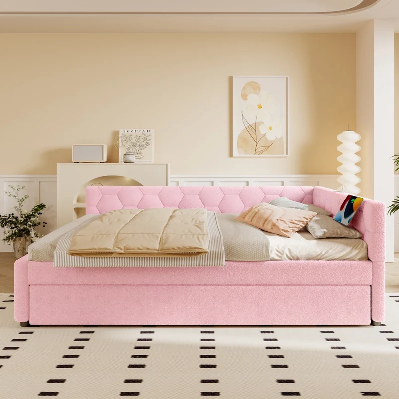 Letto per bambini 140x200 cm rosa con effetto velluto; divano letto con secondo letto estraibile