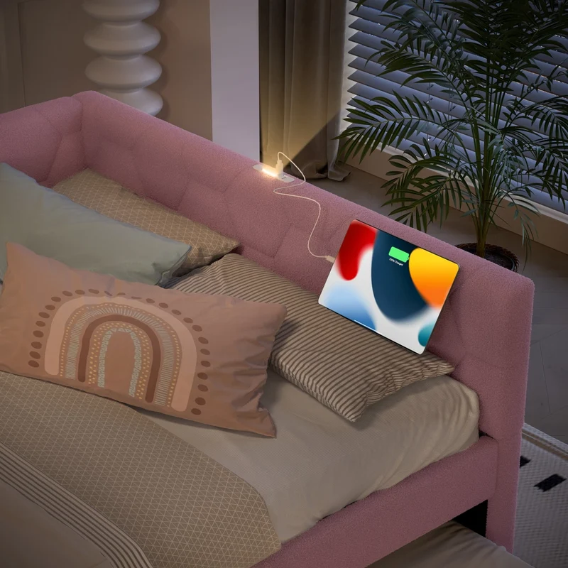 Letto per bambini 140x200 cm rosa con effetto velluto; divano letto con secondo letto estraibile