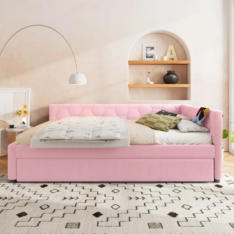 Letto per bambini 140x200 cm rosa con effetto velluto; divano letto con secondo letto estraibile