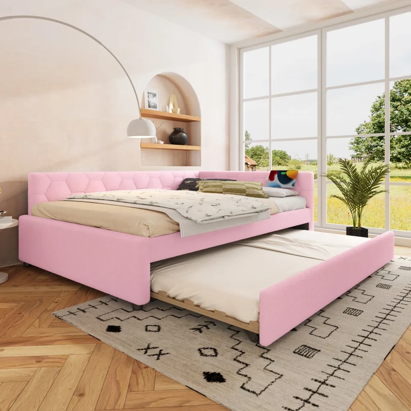 Letto per bambini 140x200 cm rosa con effetto velluto; divano letto con secondo letto estraibile