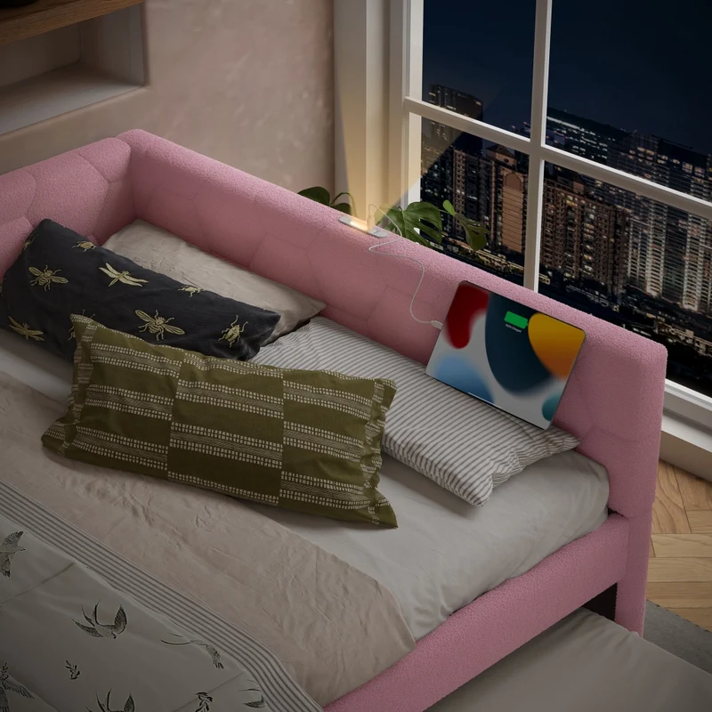 Letto per bambini 140x200 cm rosa con effetto velluto; divano letto con secondo letto estraibile