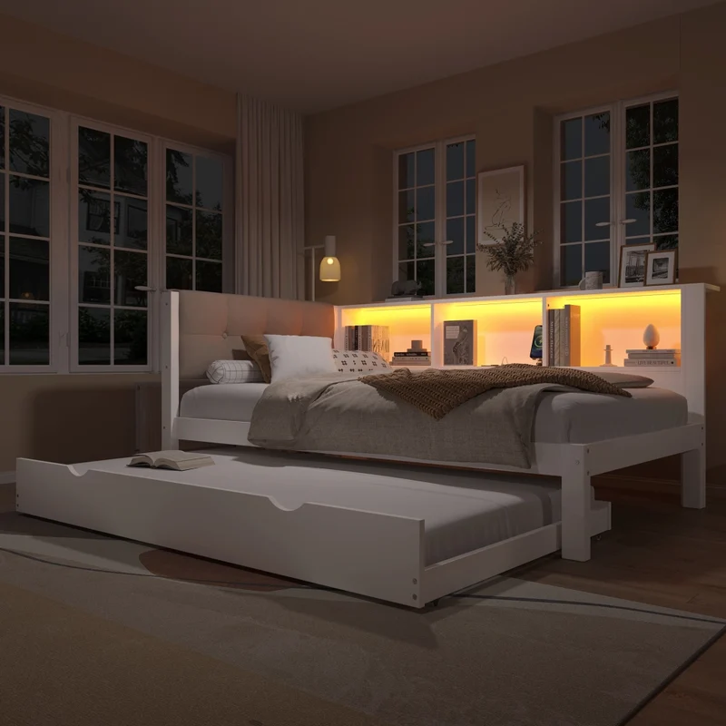 Letto da giorno con letto estraibile; bianco; 90x200 cm; con LED dimmerabile e ripiani
