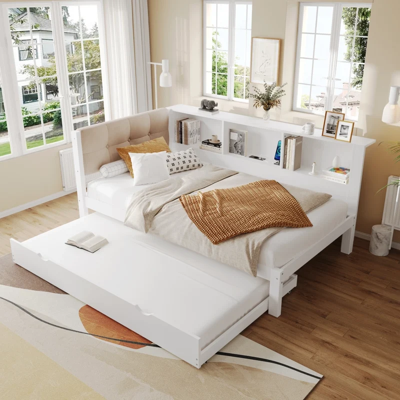 Letto da giorno con letto estraibile; bianco; 90x200 cm; con LED dimmerabile e ripiani