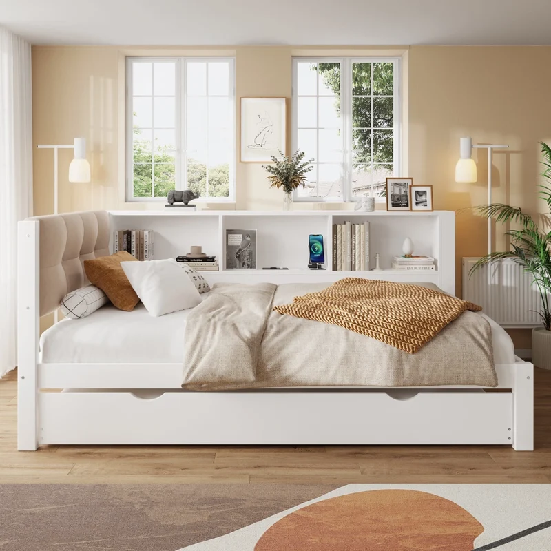 Letto da giorno con letto estraibile; bianco; 90x200 cm; con LED dimmerabile e ripiani