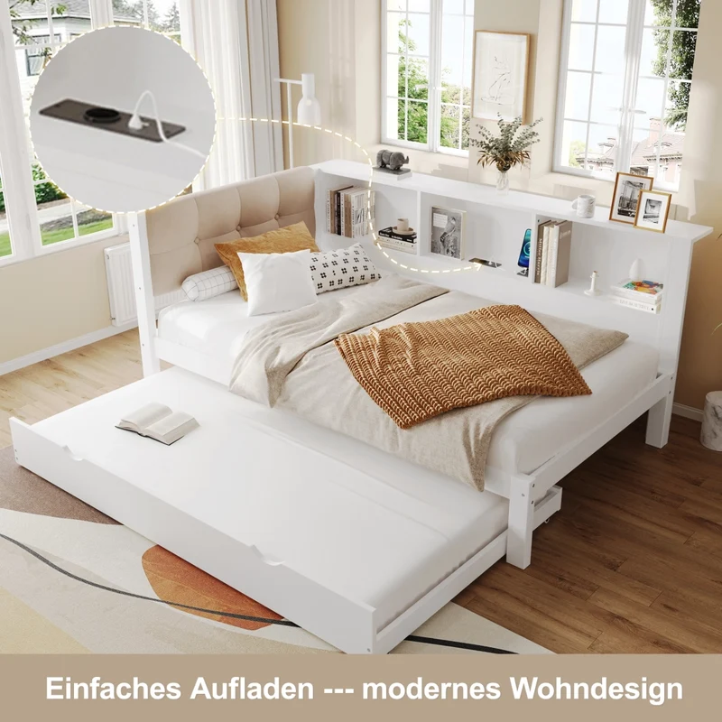 Letto da giorno con letto estraibile; bianco; 90x200 cm; con LED dimmerabile e ripiani