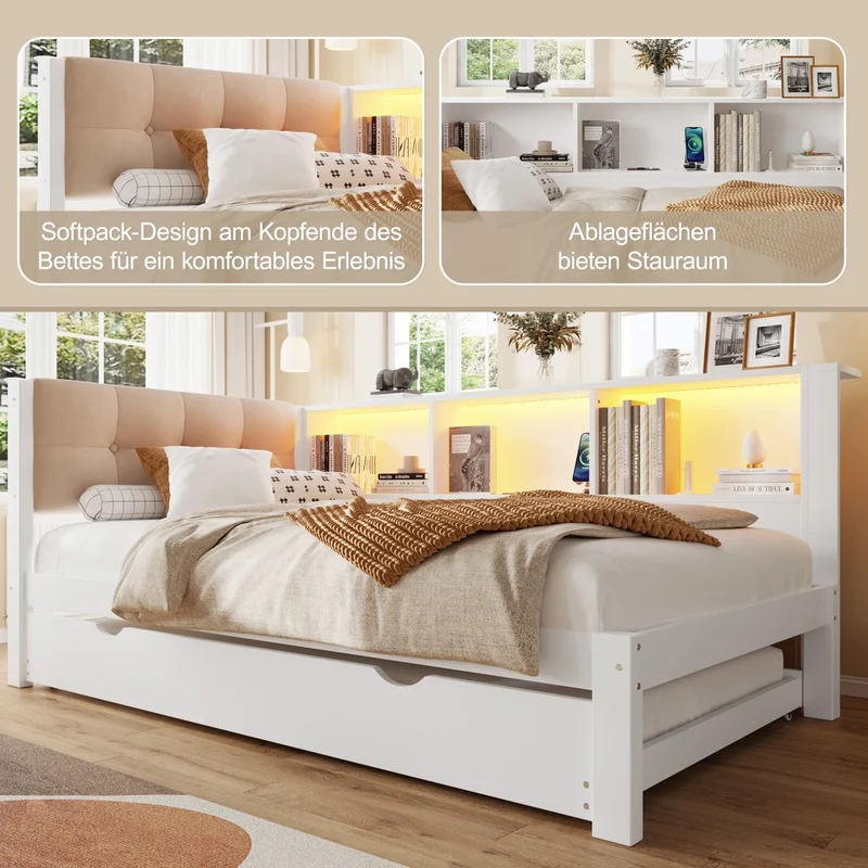 Letto da giorno con letto estraibile; bianco; 90x200 cm; con LED dimmerabile e ripiani