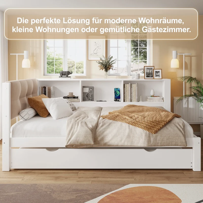 Letto da giorno con letto estraibile; bianco; 90x200 cm; con LED dimmerabile e ripiani