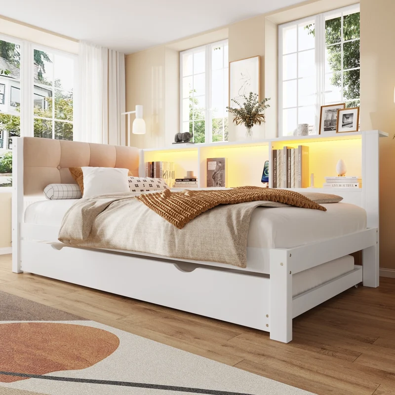 Letto da giorno con letto estraibile; bianco; 90x200 cm; con LED dimmerabile e ripiani