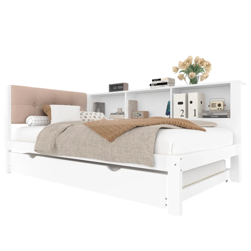 Letto da giorno con letto estraibile; bianco; 90x200 cm; con LED dimmerabile e ripiani
