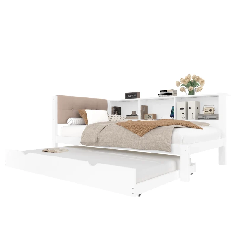 Letto da giorno con letto estraibile; bianco; 90x200 cm; con LED dimmerabile e ripiani