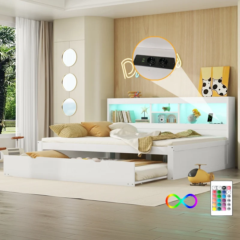 Letto 140x200 cm estraibile salvaspazio con illuminazione LED; prese USB e vano laterale; bianco