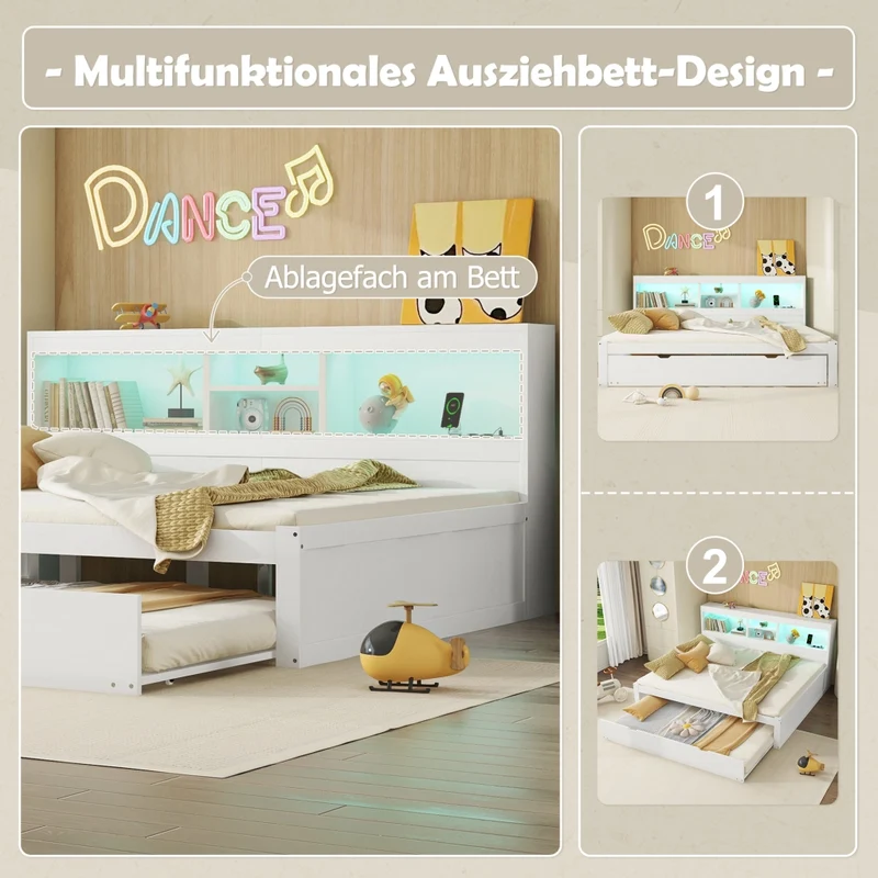 Letto 140x200 cm estraibile salvaspazio con illuminazione LED; prese USB e vano laterale; bianco