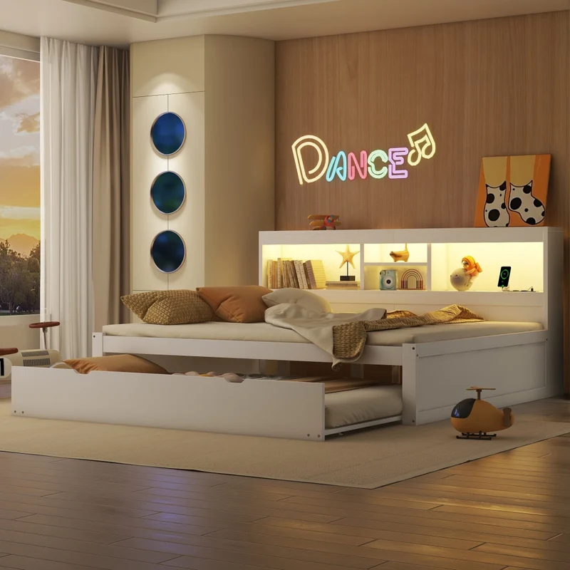 Letto 140x200 cm estraibile salvaspazio con illuminazione LED; prese USB e vano laterale; bianco