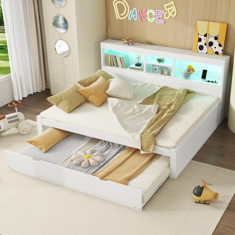 Letto 140x200 cm estraibile salvaspazio con illuminazione LED; prese USB e vano laterale; bianco