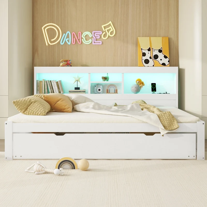 Letto 140x200 cm estraibile salvaspazio con illuminazione LED; prese USB e vano laterale; bianco