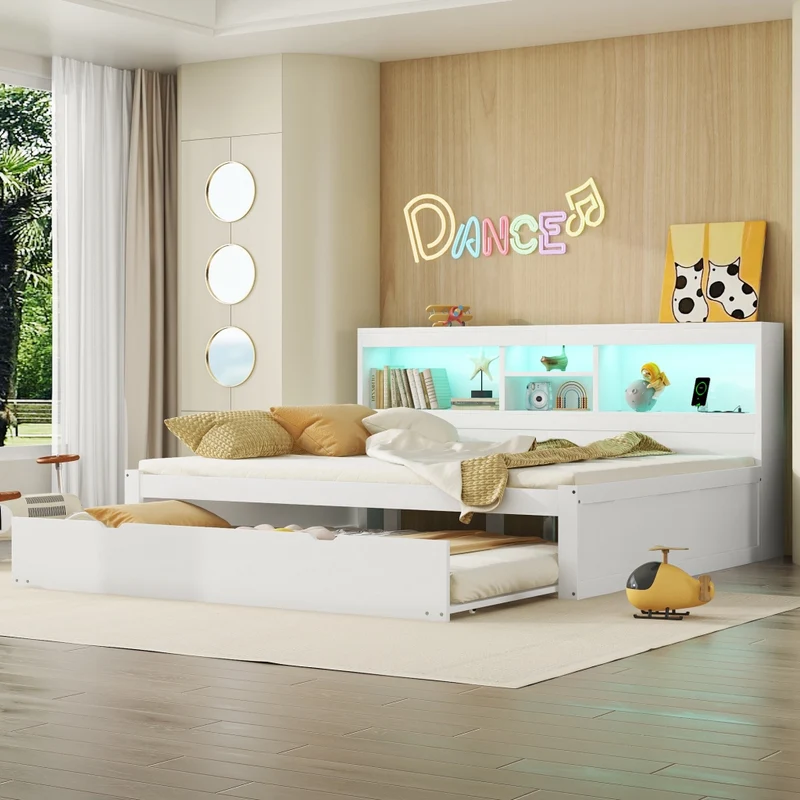 Letto 140x200 cm estraibile salvaspazio con illuminazione LED; prese USB e vano laterale; bianco