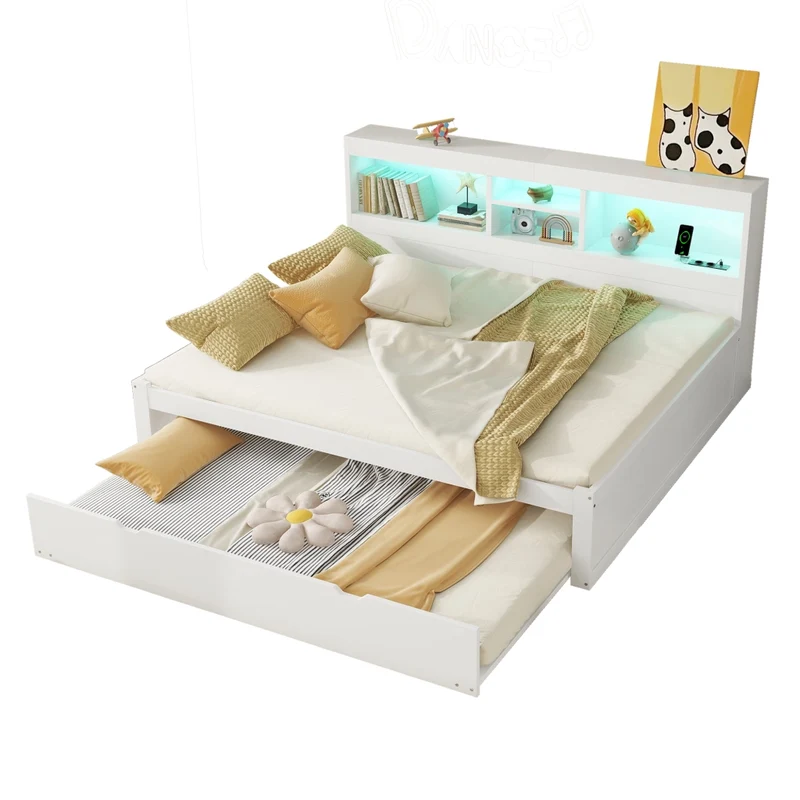 Letto 140x200 cm estraibile salvaspazio con illuminazione LED; prese USB e vano laterale; bianco