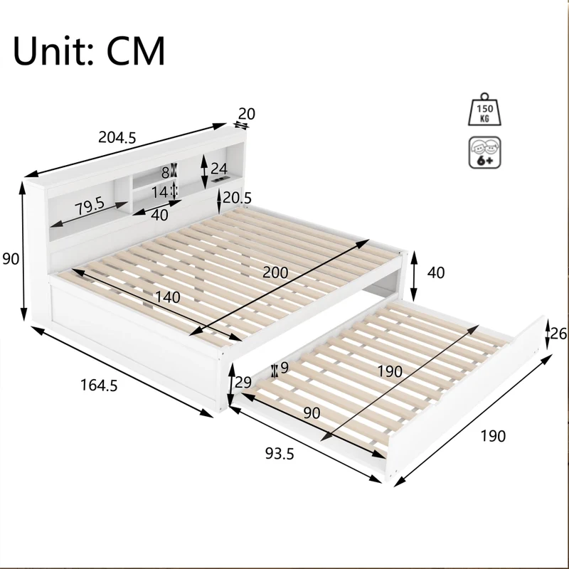 Letto 140x200 cm estraibile salvaspazio con illuminazione LED; prese USB e vano laterale; bianco