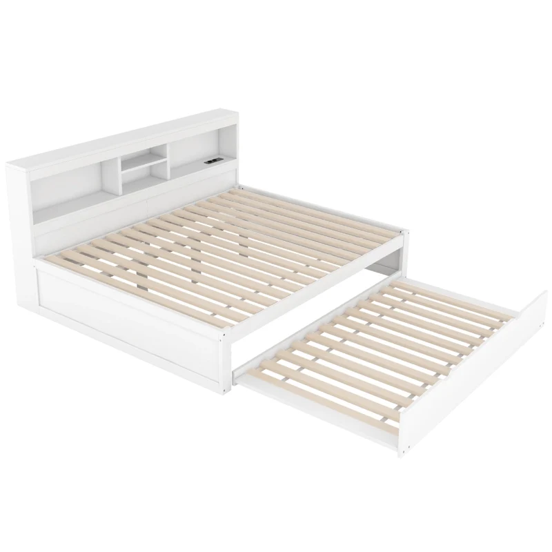 Letto 140x200 cm estraibile salvaspazio con illuminazione LED; prese USB e vano laterale; bianco