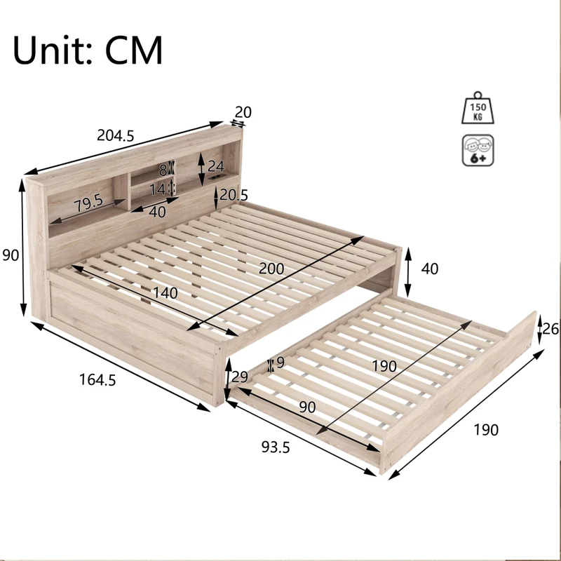 Letto estraibile salvaspazio 140x200 cm in truciolare e MDF; colore naturale