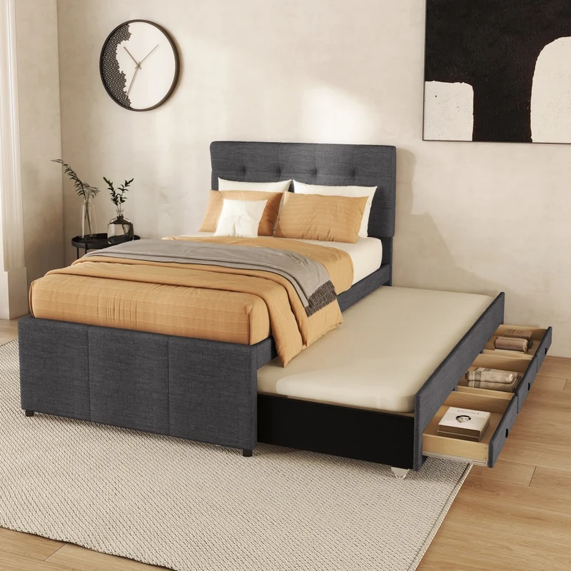 Letto imbottito 90x200 cm con letto estraibile e tre cassetti; testiera regolabile; grigio