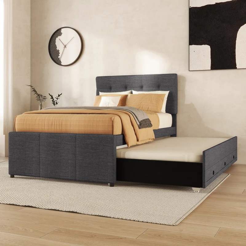 Letto imbottito 90x200 cm con letto estraibile e tre cassetti; testiera regolabile; grigio