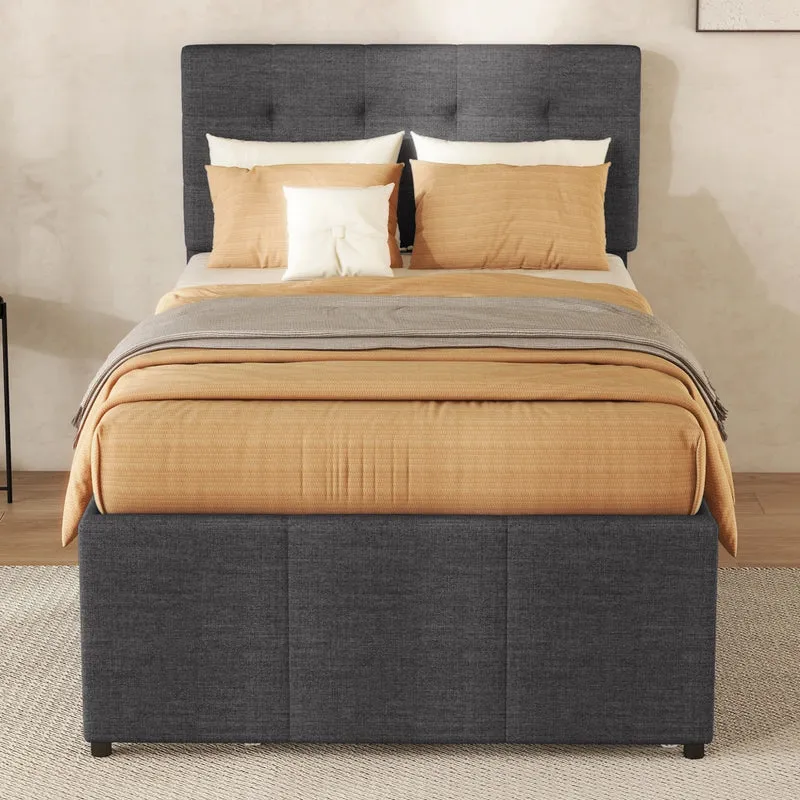 Letto imbottito 90x200 cm con letto estraibile e tre cassetti; testiera regolabile; grigio