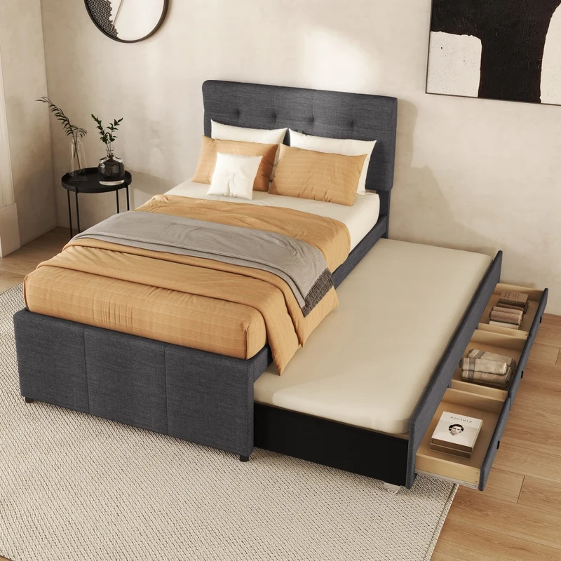 Letto imbottito 90x200 cm con letto estraibile e tre cassetti; testiera regolabile; grigio