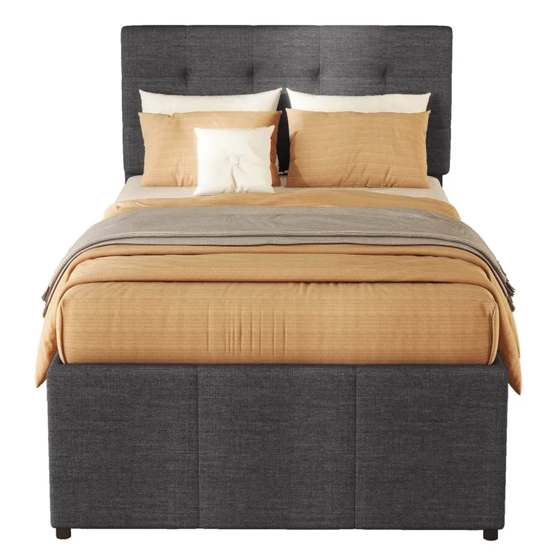 Letto imbottito 90x200 cm con letto estraibile e tre cassetti; testiera regolabile; grigio