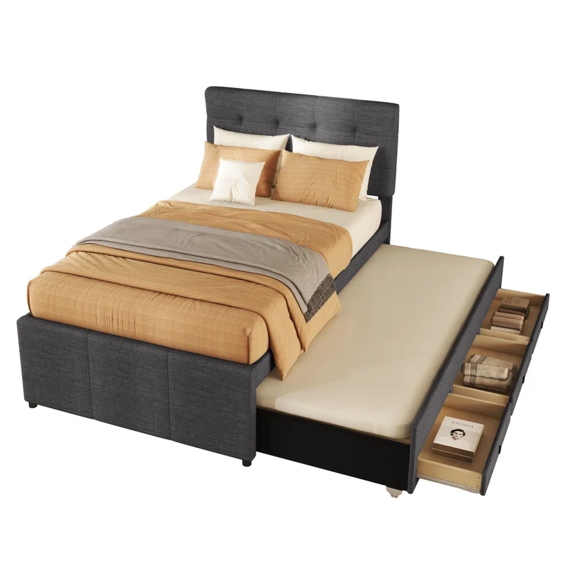 Letto imbottito 90x200 cm con letto estraibile e tre cassetti; testiera regolabile; grigio