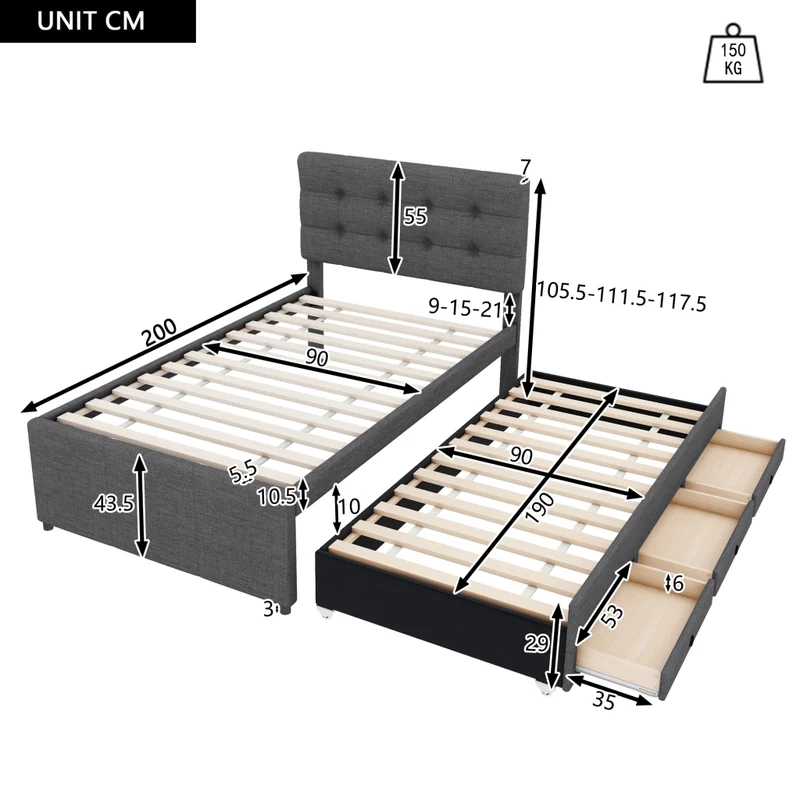 Letto imbottito 90x200 cm con letto estraibile e tre cassetti; testiera regolabile; grigio