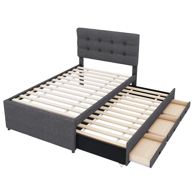 Letto imbottito 90x200 cm con letto estraibile e tre cassetti; testiera regolabile; grigio