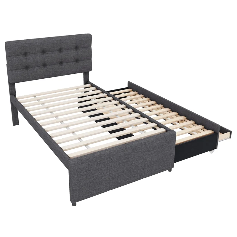 Letto imbottito 90x200 cm con letto estraibile e tre cassetti; testiera regolabile; grigio
